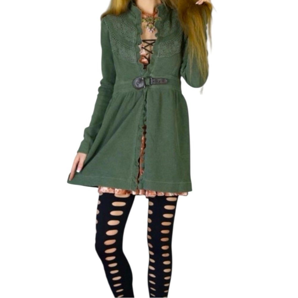 Tough Luv Waffle Knit Cardigan S Olive Green Cottagecore Sgt Pepper jacket - Picture 2 of 8
